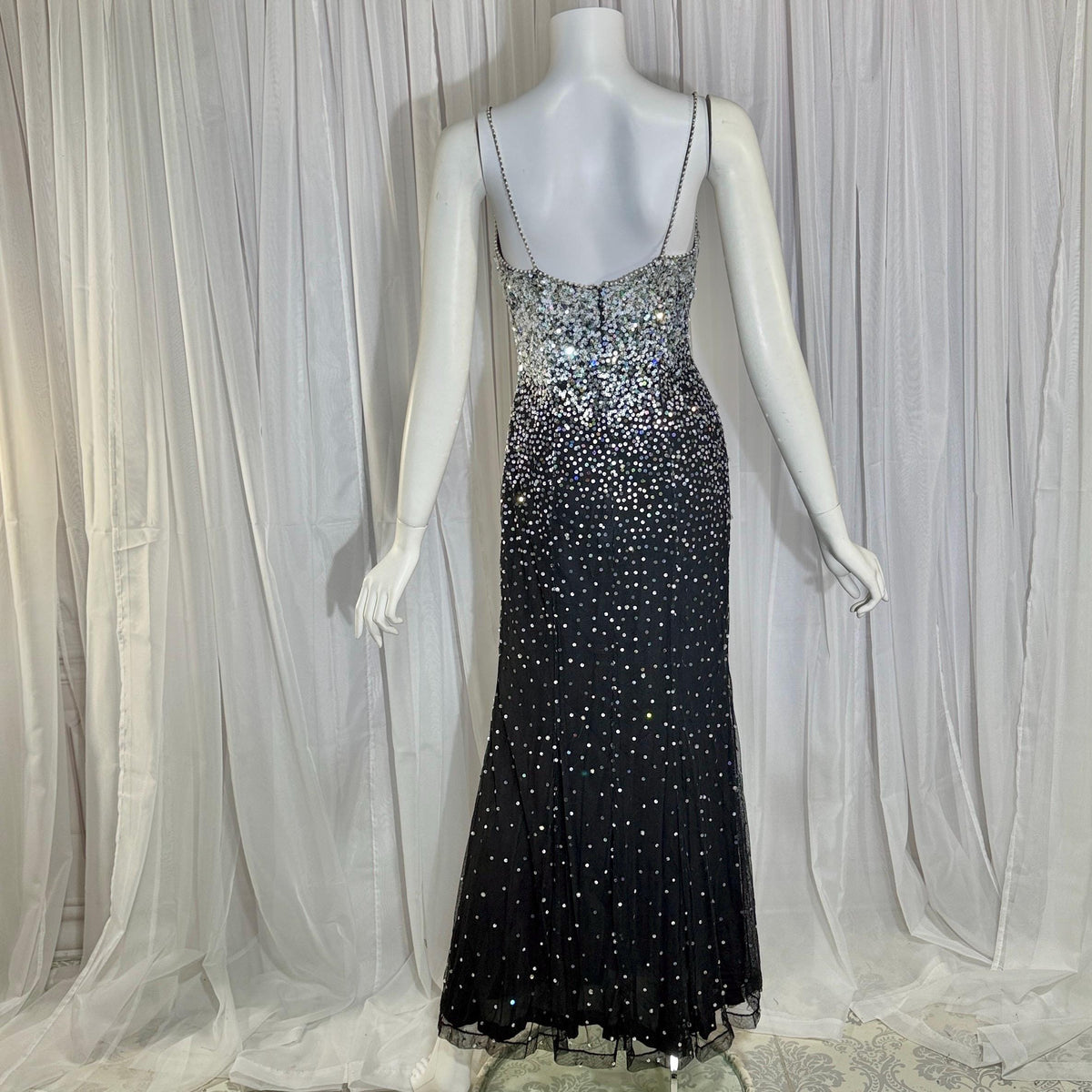 vintage 1980s RIAZEE BOUTIQUE evening dress gown, Lillie Rubin Black Silk Sequin Evening slip dress