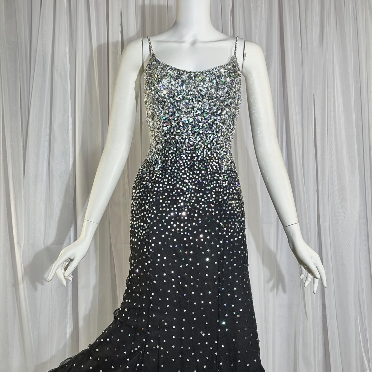 vintage 1980s RIAZEE BOUTIQUE evening dress gown, Lillie Rubin Black Silk Sequin Evening slip dress