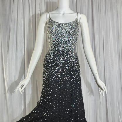 vintage 1980s RIAZEE BOUTIQUE evening dress gown, Lillie Rubin Black Silk Sequin Evening slip dress
