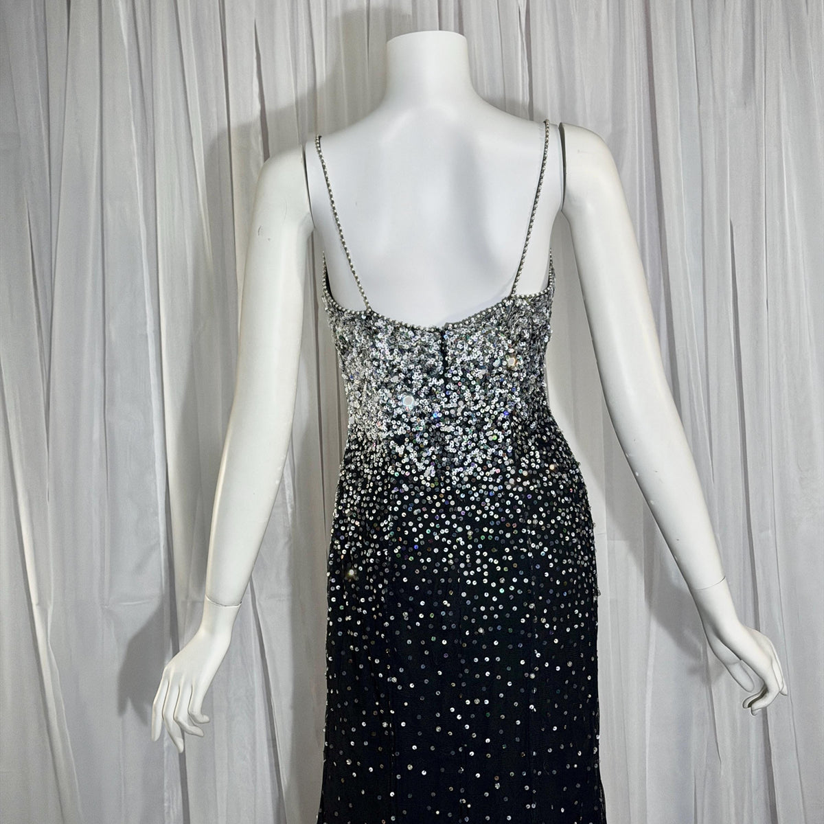 vintage 1980s RIAZEE BOUTIQUE evening dress gown, Lillie Rubin Black Silk Sequin Evening slip dress