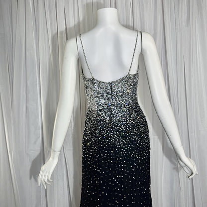 vintage 1980s RIAZEE BOUTIQUE evening dress gown, Lillie Rubin Black Silk Sequin Evening slip dress