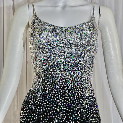 vintage 1980s RIAZEE BOUTIQUE evening dress gown, Lillie Rubin Black Silk Sequin Evening slip dress