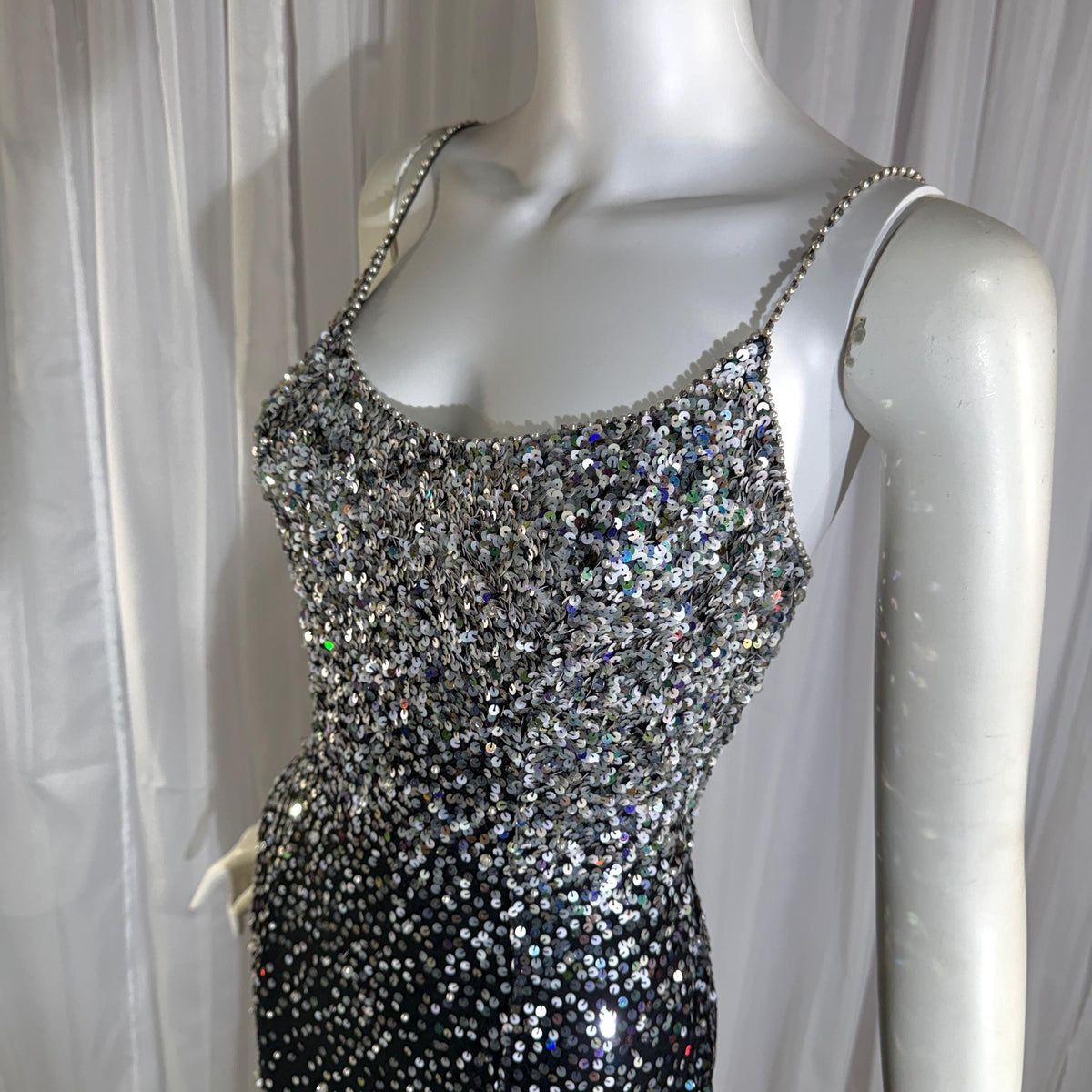 vintage 1980s RIAZEE BOUTIQUE evening dress gown, Lillie Rubin Black Silk Sequin Evening slip dress