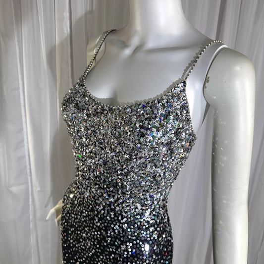 vintage 1980s RIAZEE BOUTIQUE evening dress gown, Lillie Rubin Black Silk Sequin Evening slip dress
