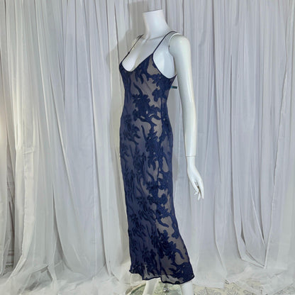 Vintage 1990s CAROL PERETZ evening slip dress, Navy Blue Silk Burnout bias cut slip dress