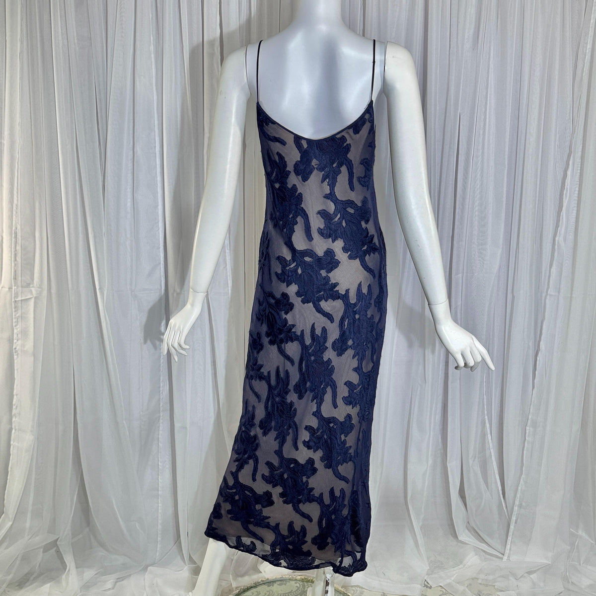 Vintage 1990s CAROL PERETZ evening slip dress, Navy Blue Silk Burnout bias cut slip dress