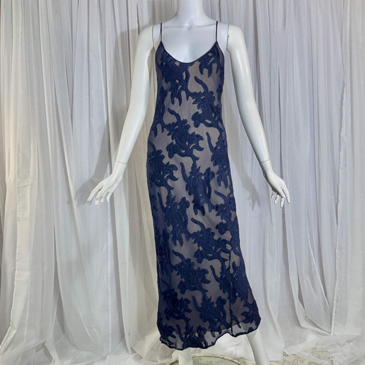 Vintage 1990s CAROL PERETZ evening slip dress, Navy Blue Silk Burnout bias cut slip dress