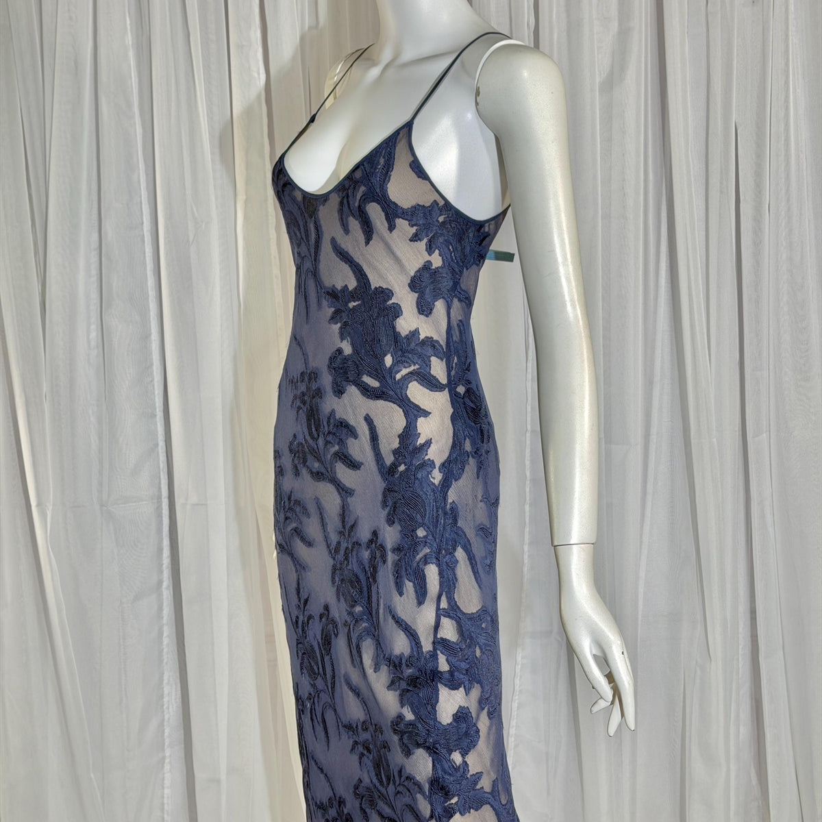 Vintage 1990s CAROL PERETZ evening slip dress, Navy Blue Silk Burnout bias cut slip dress