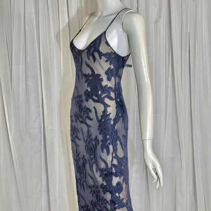 Vintage 1990s CAROL PERETZ evening slip dress, Navy Blue Silk Burnout bias cut slip dress