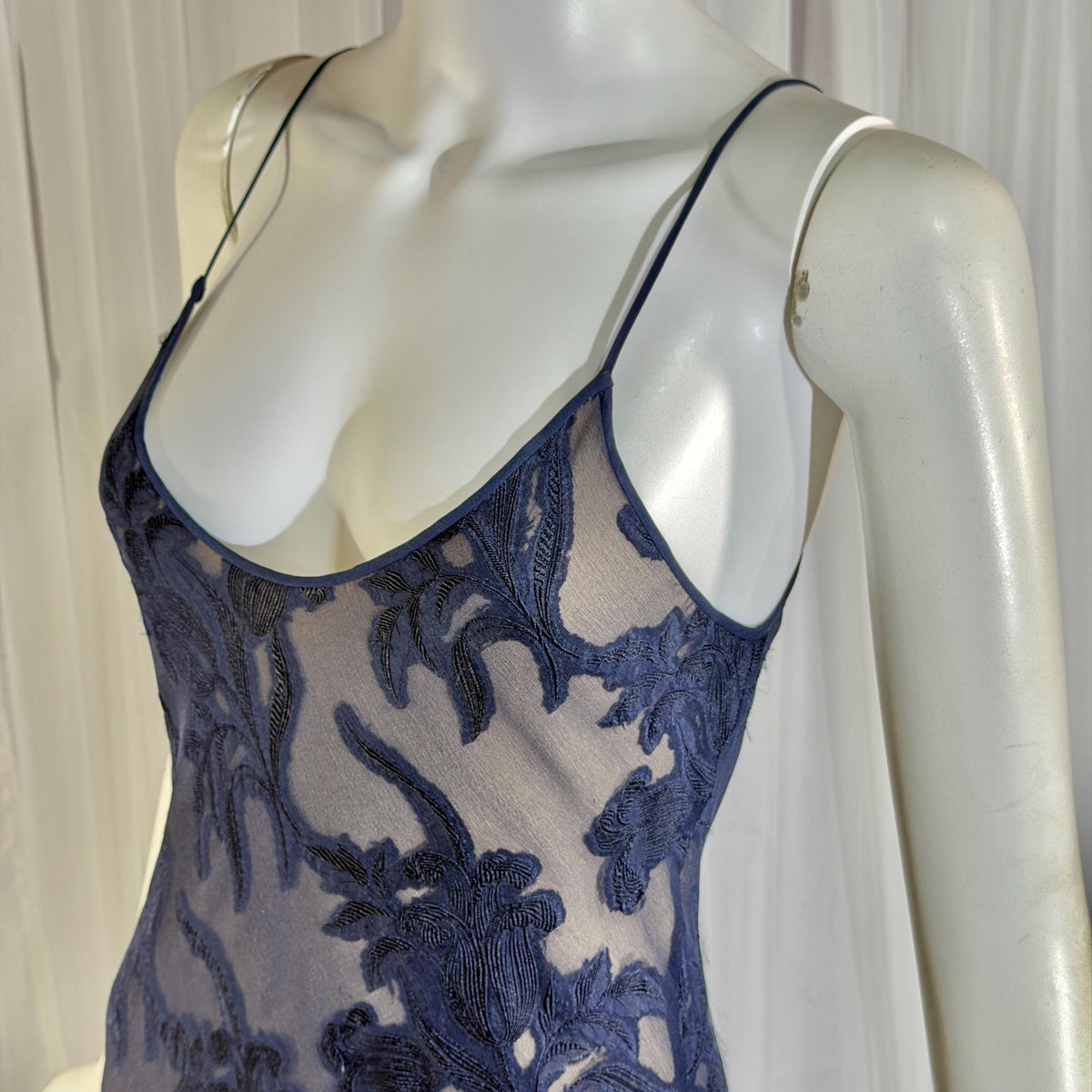 Vintage 1990s CAROL PERETZ evening slip dress, Navy Blue Silk Burnout bias cut slip dress