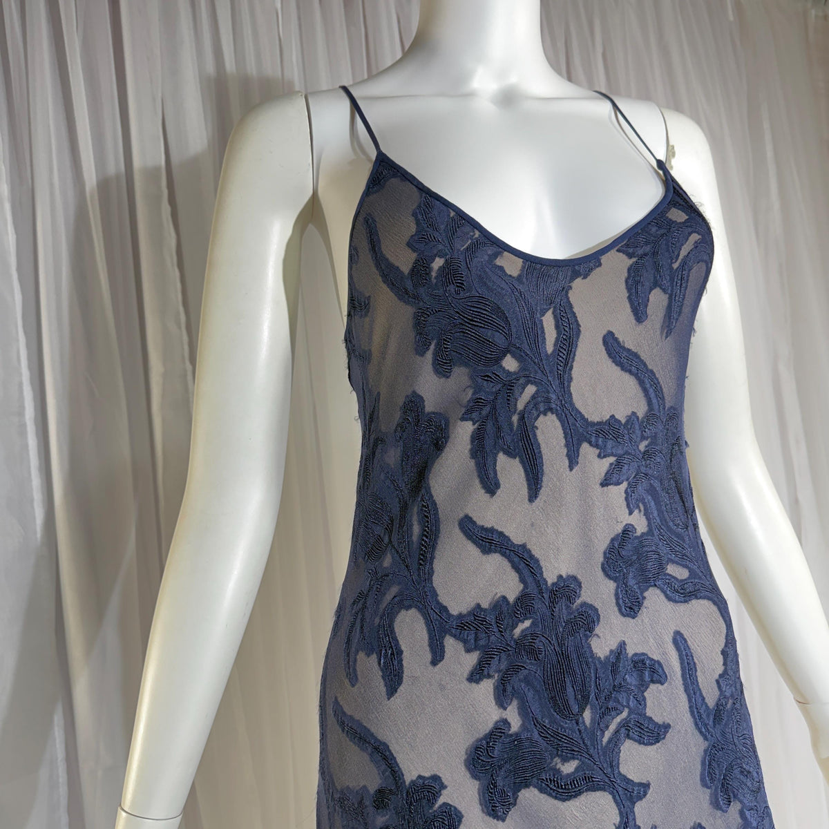 Vintage 1990s CAROL PERETZ evening slip dress, Navy Blue Silk Burnout bias cut slip dress