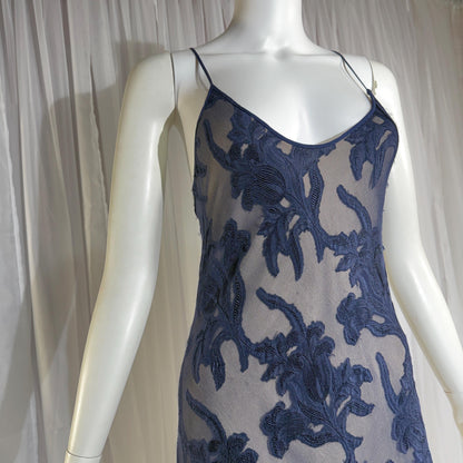 Vintage 1990s CAROL PERETZ evening slip dress, Navy Blue Silk Burnout bias cut slip dress