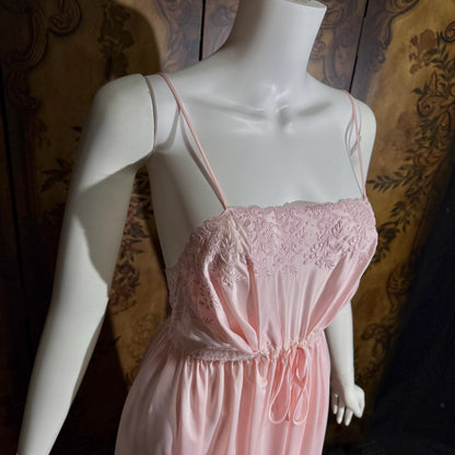 vintage 1940s nightgown slip dress, BY IRIS pink embroidered drawstring waist lingerie dress