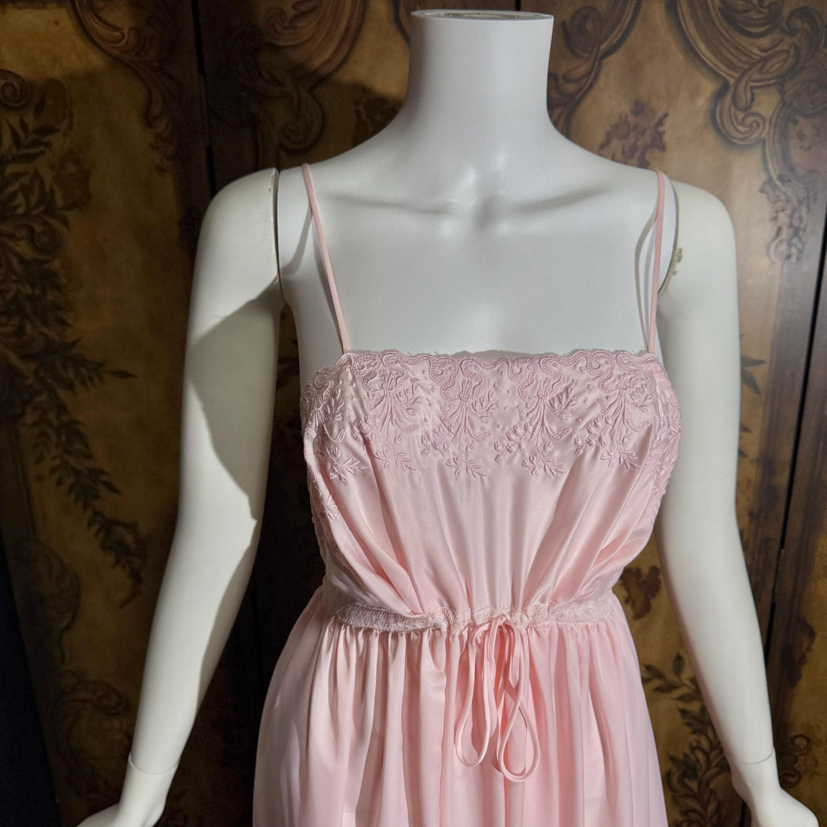 vintage 1940s nightgown slip dress, BY IRIS pink embroidered drawstring waist lingerie dress