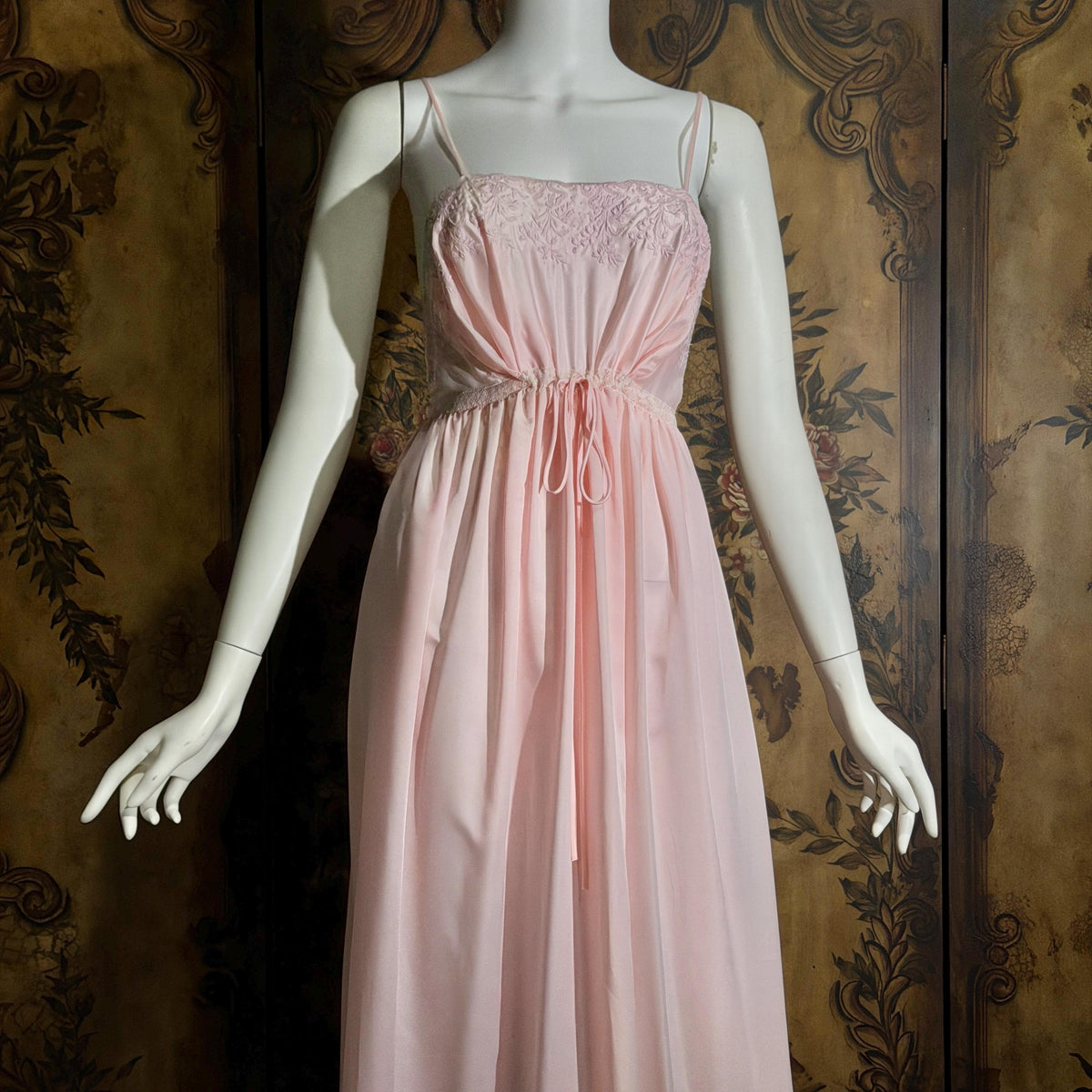 vintage 1940s nightgown slip dress, BY IRIS pink embroidered drawstring waist lingerie dress