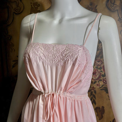 vintage 1940s nightgown slip dress, BY IRIS pink embroidered drawstring waist lingerie dress