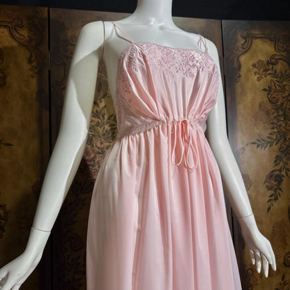 vintage 1940s nightgown slip dress, BY IRIS pink embroidered drawstring waist lingerie dress