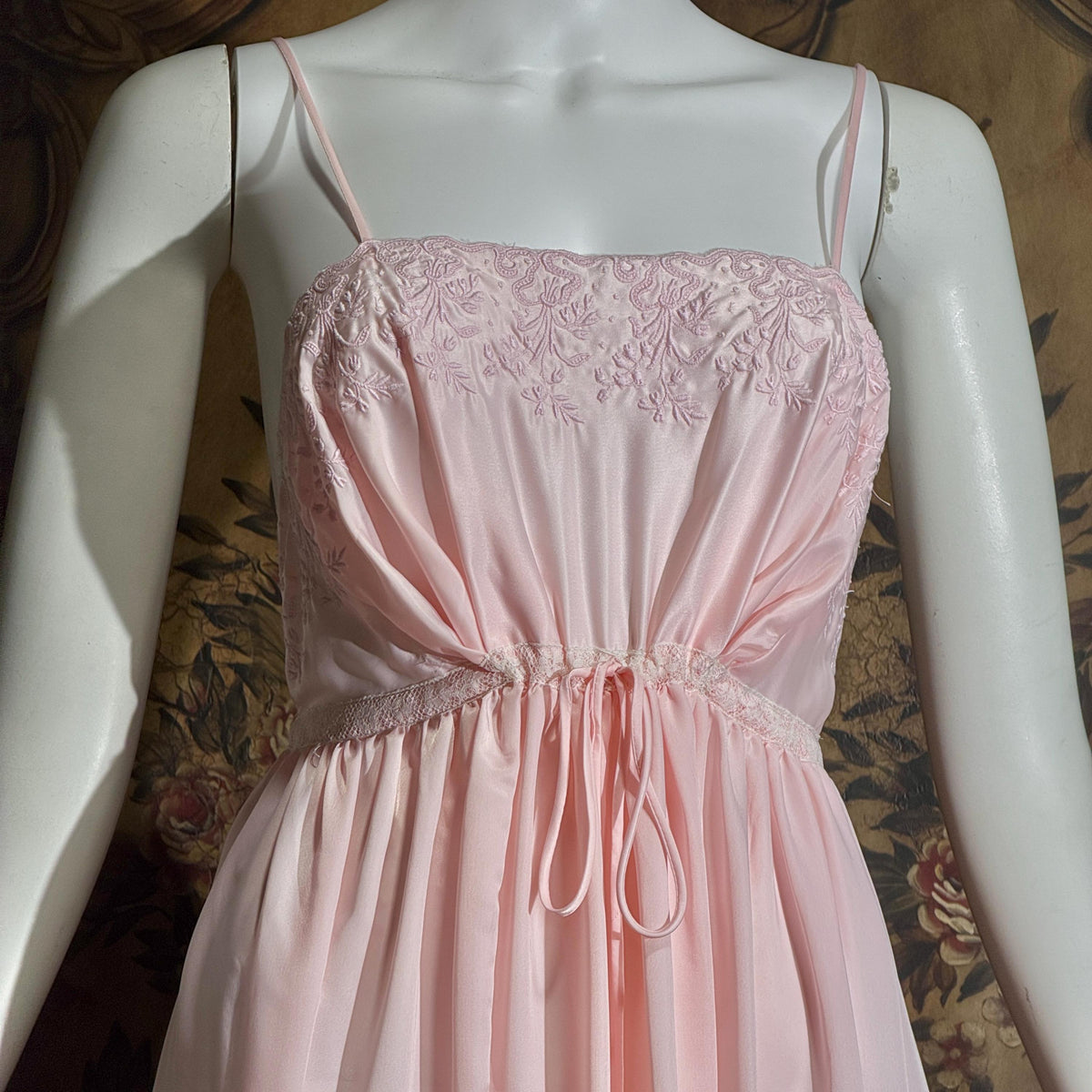 vintage 1940s nightgown slip dress, BY IRIS pink embroidered drawstring waist lingerie dress