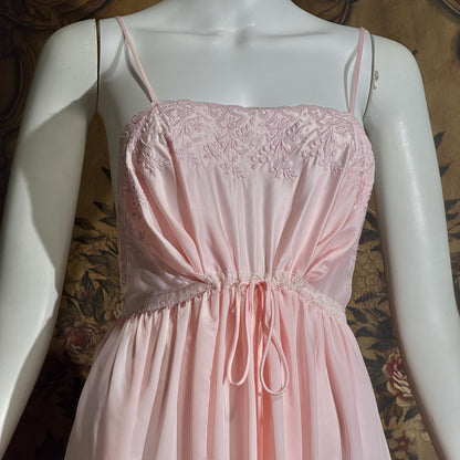 vintage 1940s nightgown slip dress, BY IRIS pink embroidered drawstring waist lingerie dress