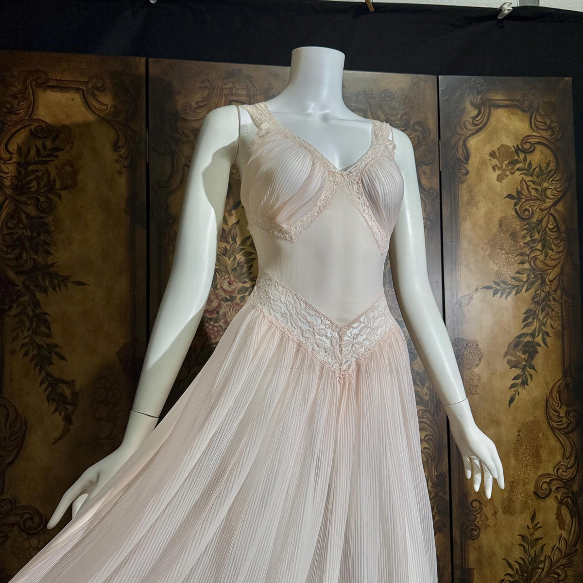 vintage 1940s nightgown slip dress, LADY DUFF Powder Pink Micro Pleat Nylon lingerie dress