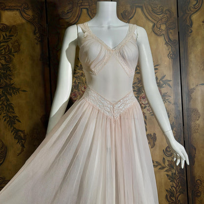 vintage 1940s nightgown slip dress, LADY DUFF Powder Pink Micro Pleat Nylon lingerie dress