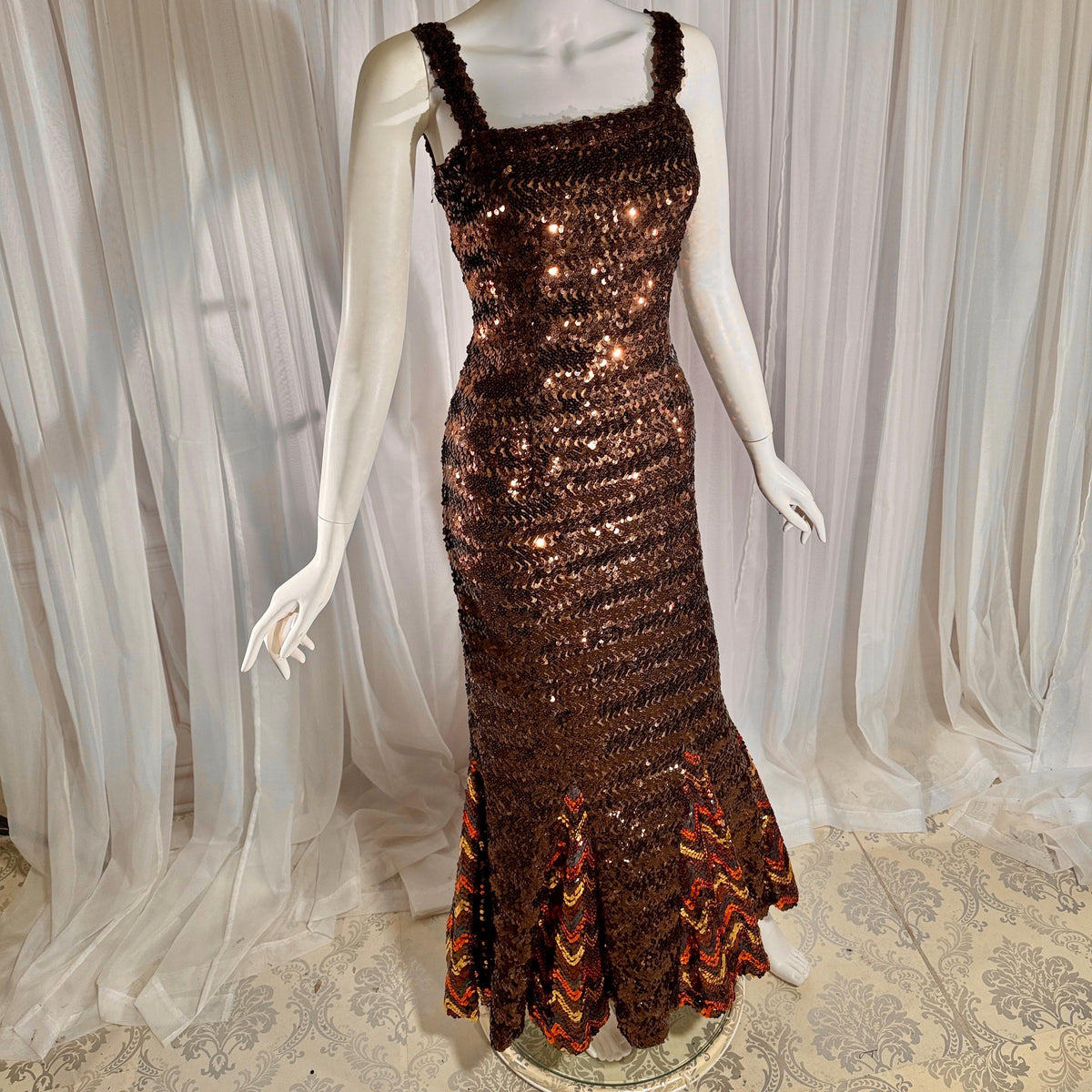 LILLI DIAMOND vintage designer evening dress gown, 1960s Brown sequin bodycon mermaid dress