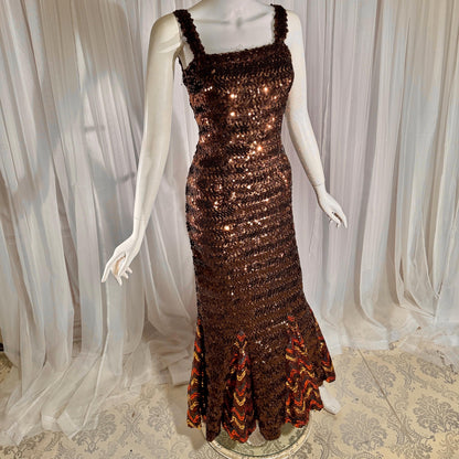 LILLI DIAMOND vintage designer evening dress gown, 1960s Brown sequin bodycon mermaid dress