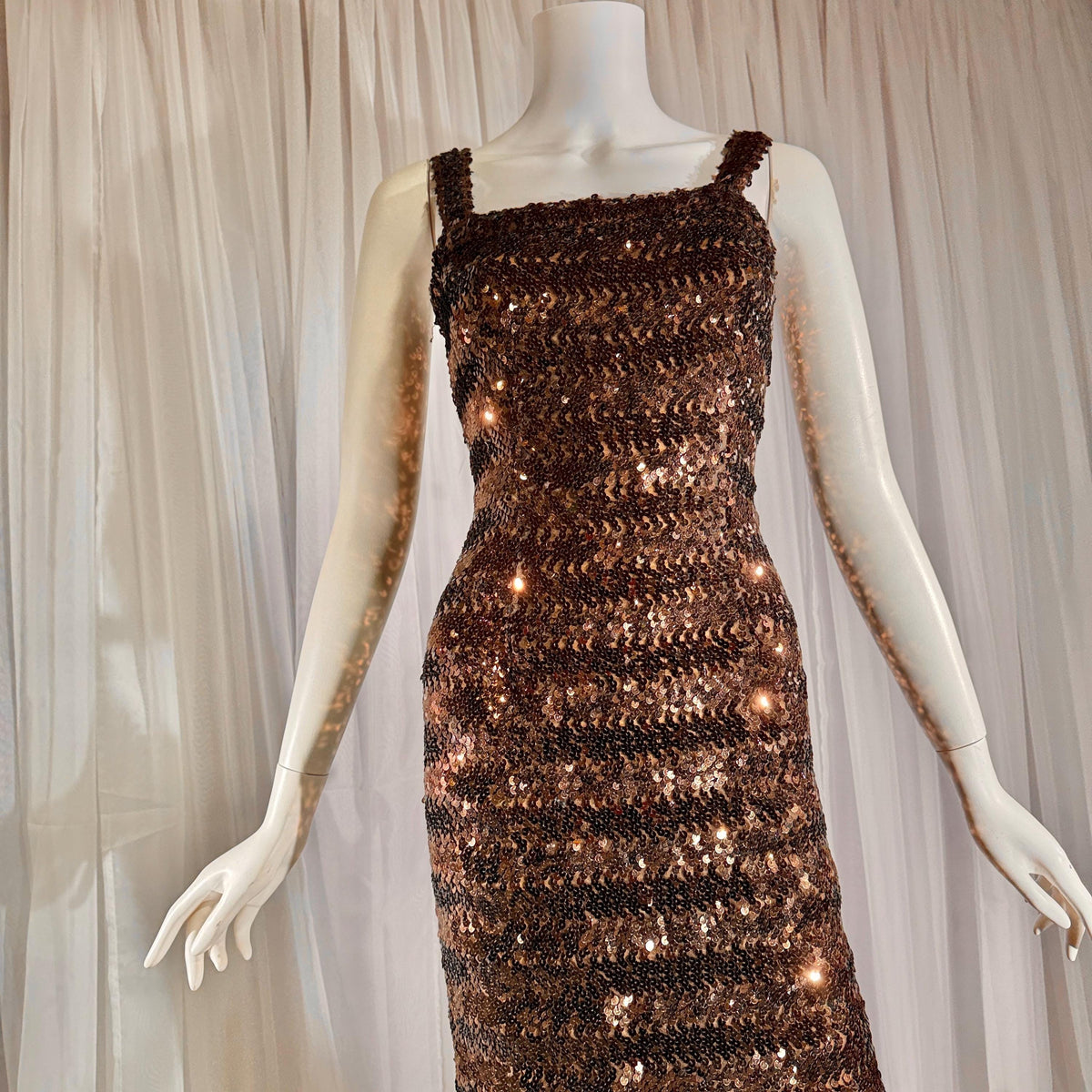 LILLI DIAMOND vintage designer evening dress gown, 1960s Brown sequin bodycon mermaid dress