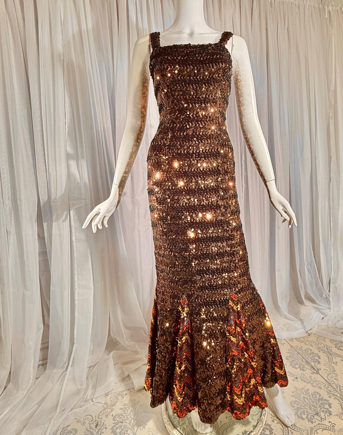 LILLI DIAMOND vintage designer evening dress gown, 1960s Brown sequin bodycon mermaid dress
