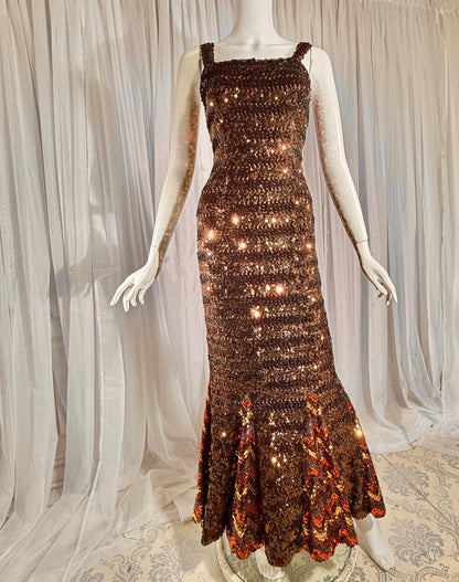 LILLI DIAMOND vintage designer evening dress gown, 1960s Brown sequin bodycon mermaid dress