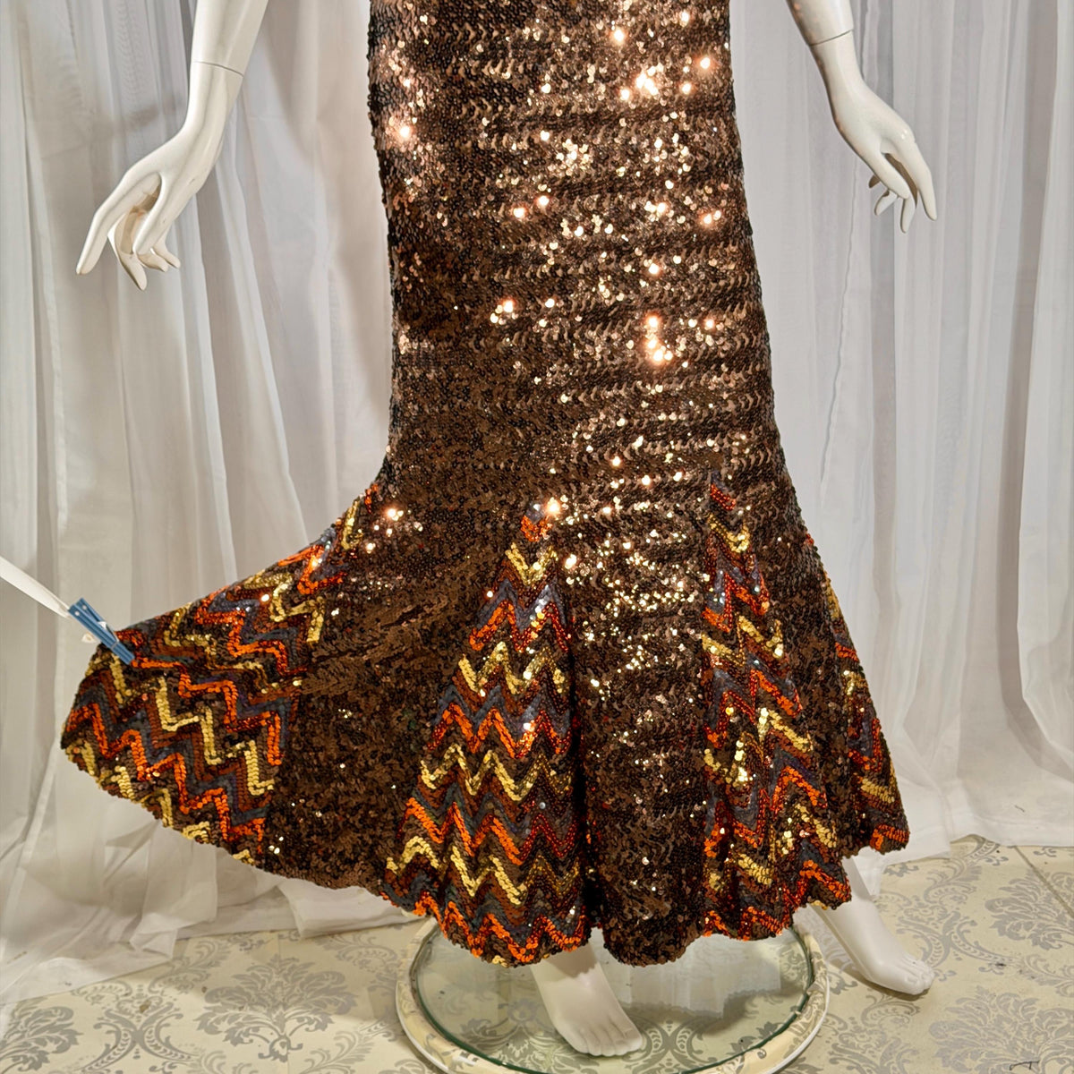 LILLI DIAMOND vintage designer evening dress gown, 1960s Brown sequin bodycon mermaid dress