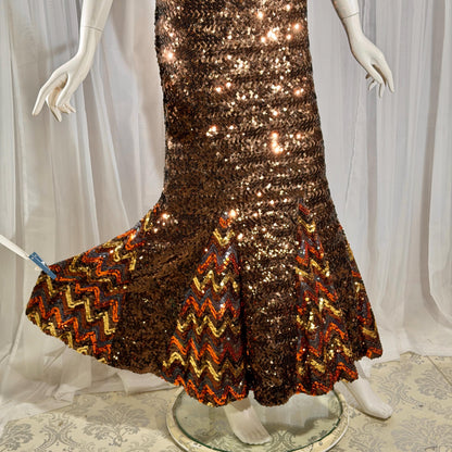 LILLI DIAMOND vintage designer evening dress gown, 1960s Brown sequin bodycon mermaid dress