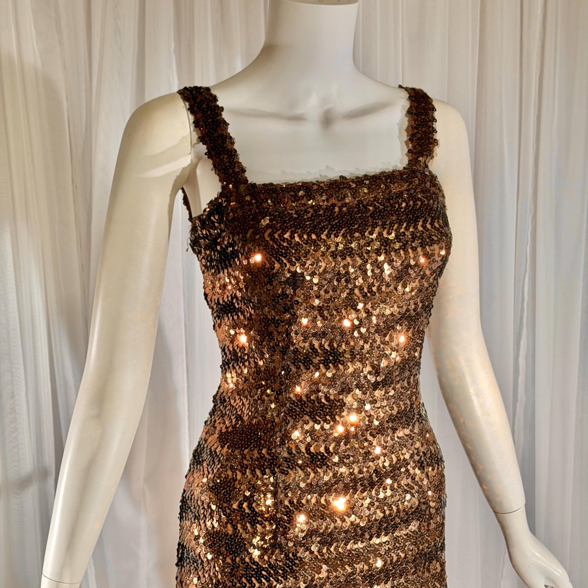 LILLI DIAMOND vintage designer evening dress gown, 1960s Brown sequin bodycon mermaid dress