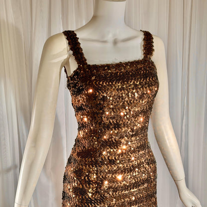 LILLI DIAMOND vintage designer evening dress gown, 1960s Brown sequin bodycon mermaid dress