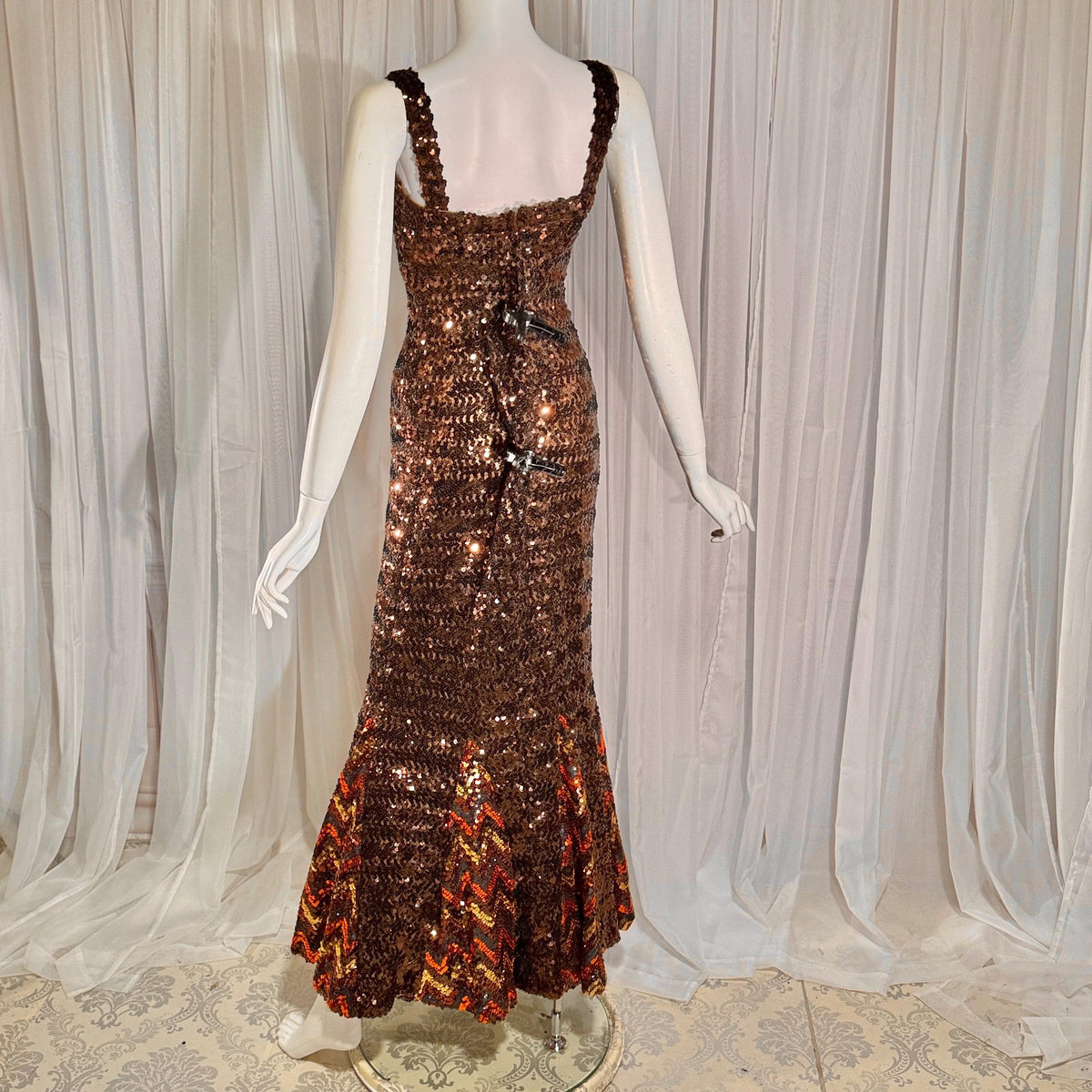 LILLI DIAMOND vintage designer evening dress gown, 1960s Brown sequin bodycon mermaid dress