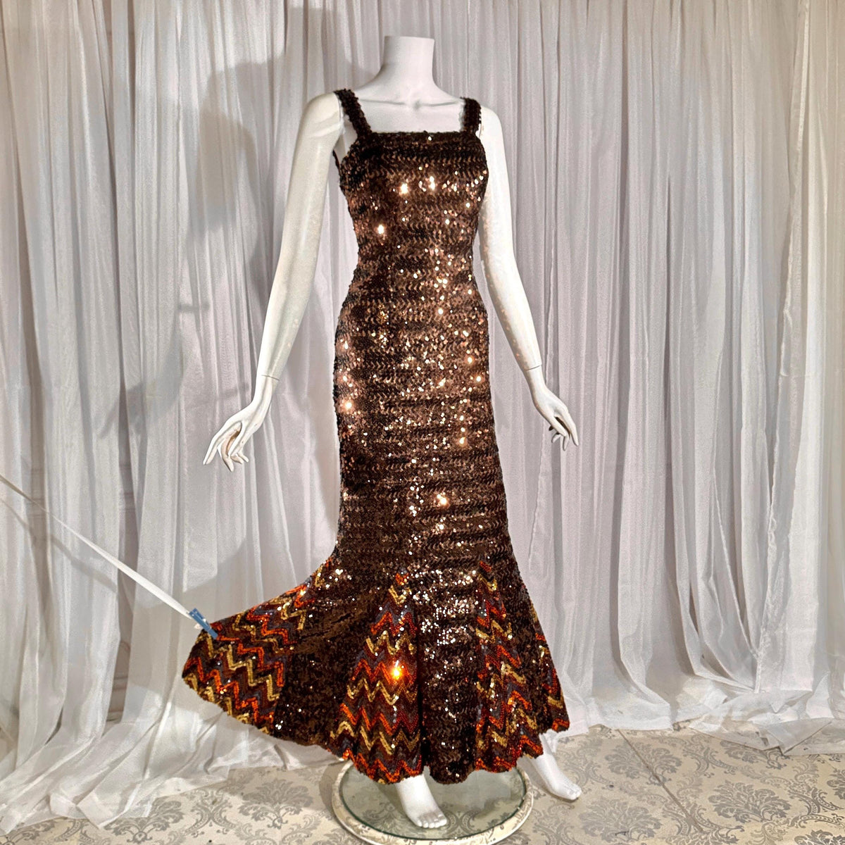 LILLI DIAMOND vintage designer evening dress gown, 1960s Brown sequin bodycon mermaid dress