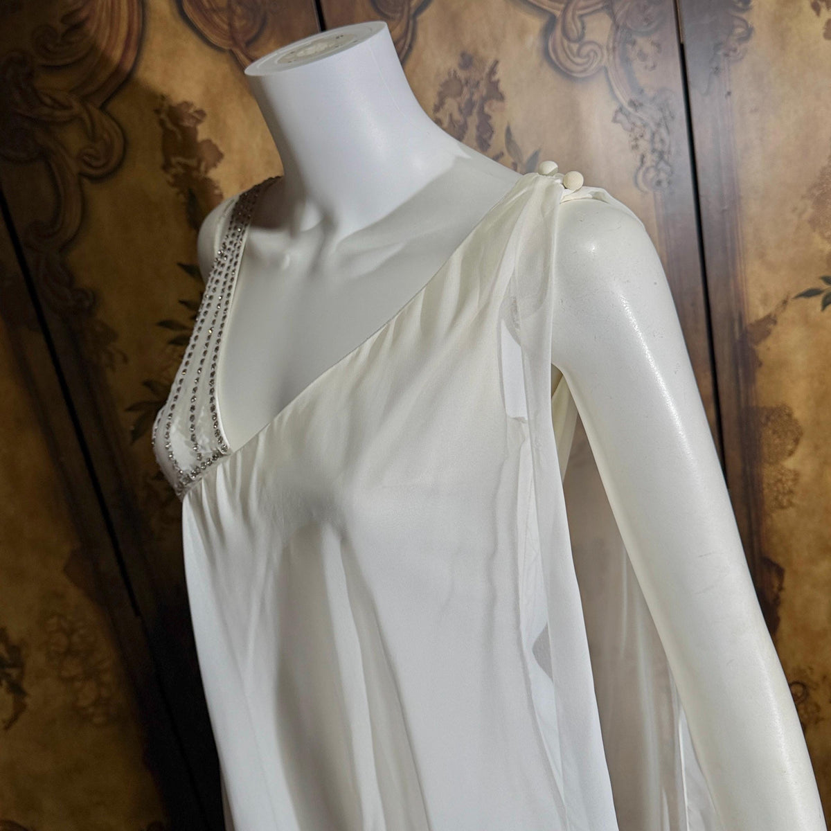 vintage wedding dress gown, 1970s ESTEVEZ white one shoulder grecian goddess dress