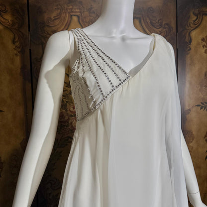 vintage wedding dress gown, 1970s ESTEVEZ white one shoulder grecian goddess dress