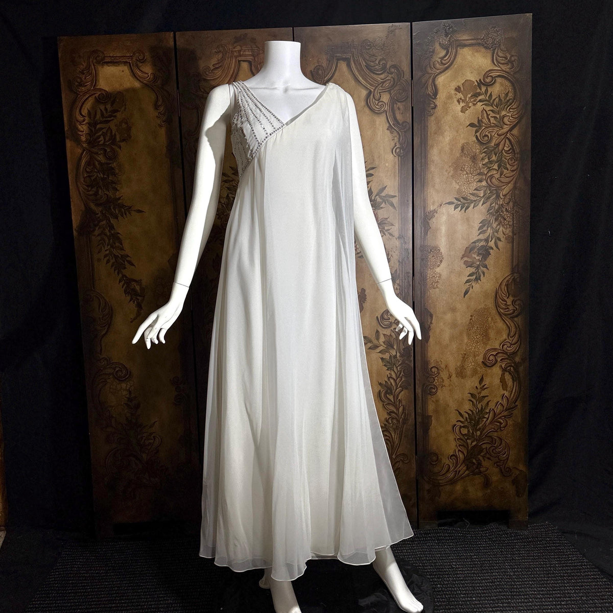 vintage wedding dress gown, 1970s ESTEVEZ white one shoulder grecian goddess dress