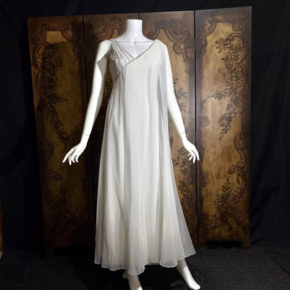 vintage wedding dress gown, 1970s ESTEVEZ white one shoulder grecian goddess dress