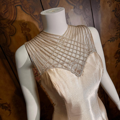 vintage 1990s wedding dress gown, ALFRED ANGELO Champagne Satin Cage Top gown