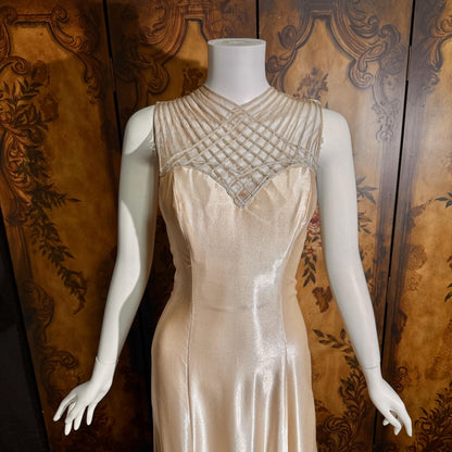 vintage 1990s wedding dress gown, ALFRED ANGELO Champagne Satin Cage Top gown