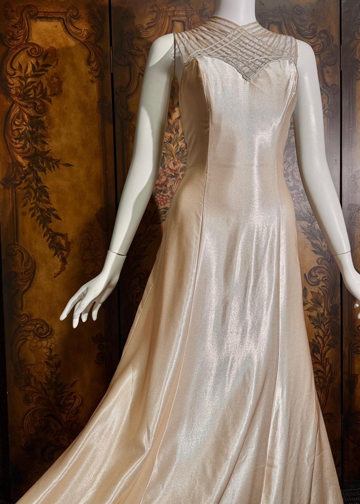 vintage 1990s wedding dress gown, ALFRED ANGELO Champagne Satin Cage Top gown