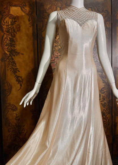 vintage 1990s wedding dress gown, ALFRED ANGELO Champagne Satin Cage Top gown