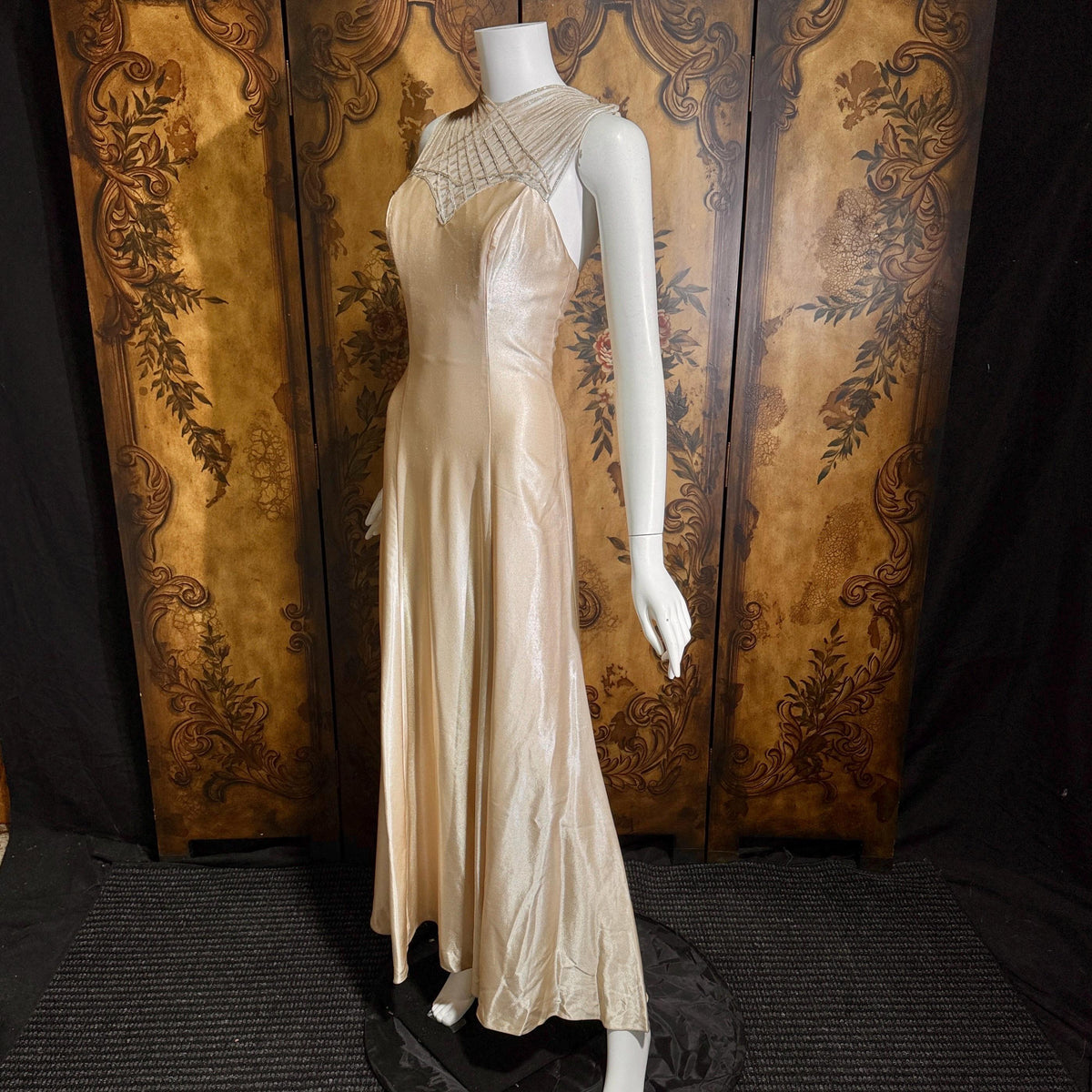 vintage 1990s wedding dress gown, ALFRED ANGELO Champagne Satin Cage Top gown