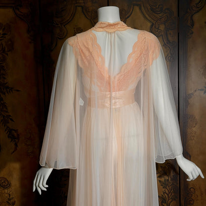 vintage Nightgown Robe Peignoir Set, VANITY FAIR 1960s Sheer peach lace pleats rosettes