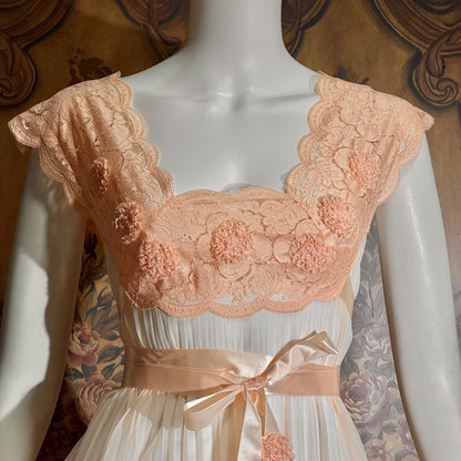 vintage Nightgown Robe Peignoir Set, VANITY FAIR 1960s Sheer peach lace pleats rosettes