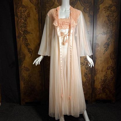 vintage Nightgown Robe Peignoir Set, VANITY FAIR 1960s Sheer peach lace pleats rosettes