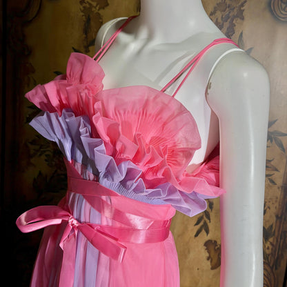 vintage nightgown slip dress, VANITY FAIR 1950s pink and purple sheer chiffon ruffles Grecian goddess gown