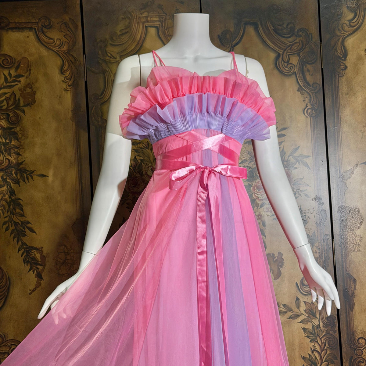 vintage nightgown slip dress, VANITY FAIR 1950s pink and purple sheer chiffon ruffles Grecian goddess gown